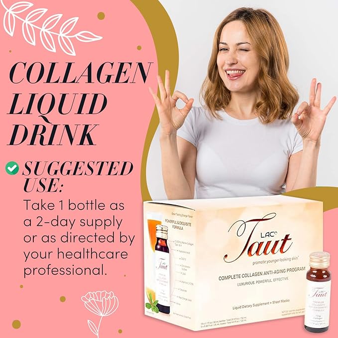 TAUT Liquid Collagen Drink & Face Mask 13,000mg Collagen 5 Masks 15 Bottles (30 Day
