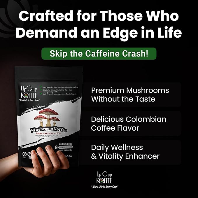 UpCup Koffee Functional Ground Mushroom Coffee - Includes Lions Mane, NAD+, & Himalayan Shilajit for Immune Support & Cognitive Boost - Made with Colombian Beans - 2.2 oz. Sample Bag