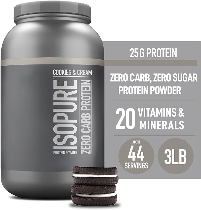Isopure Zero Carb 100% Pure Whey Isolate Protein Powder, Lactose Free, Gluten Free, With Vitamins, Cookies & Cream, 25g Protein Per Serving, 3 Lbs, 44 Servings