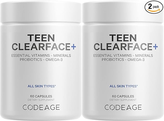 Codeage Teen Clearface Adolescent Face, Skin & Pimples, Vitamins A, C, D3, E, Pantothenic Acid, Niacin, Zinc Supplement Teenagers, Probiotics, L-Lysine, Omega-3, Oily Skin, Pores, Spots - 2 Pack