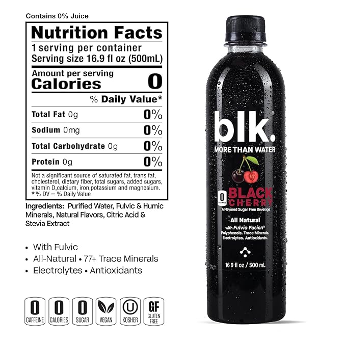 blk. Natural Mineral Alkaline Water Electrolyte Infused with Fulvic and Amino Acids, Zero Sugar, Black Cherry Flavored, 500 mL, Pack of 12
