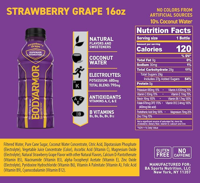 BODYARMOR Sports Drink Sports Beverage, Strawberry Grape, Natural Flavors With Vitamins, Potassium-Packed Electrolytes, No Preservatives, Perfect For Athletes, 16 Fl Oz (Pack of 12)