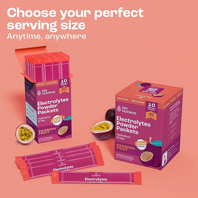 KEY NUTRIENTS Multivitamin Electrolytes Powder Packets - Delicious Passion Fruit 40 Pack Hydration Packets - Travel Hydration Powder - No Sugar, No Calories, Gluten Free - Made in USA