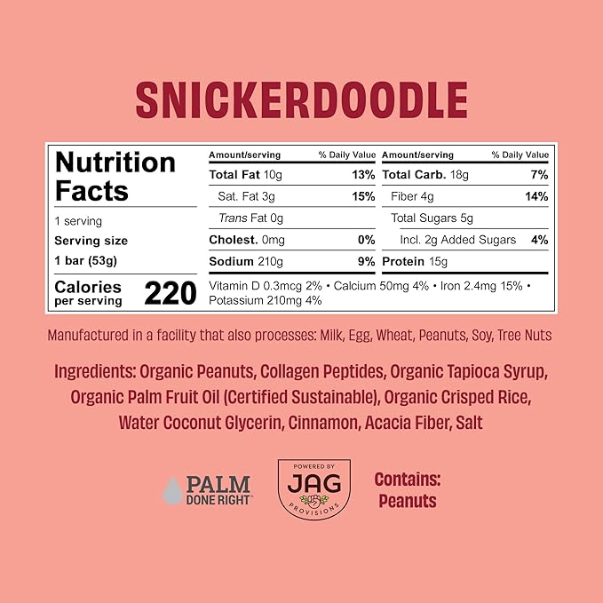 JustNosh Collagen Protein Bars, 10g Collagen, 15g Protein, Gluten Free, Dairy Free, FODMAP Friendly, Seed Oil Free Certified, Clean Ingredients | Snickerdoodle (12 Pack)