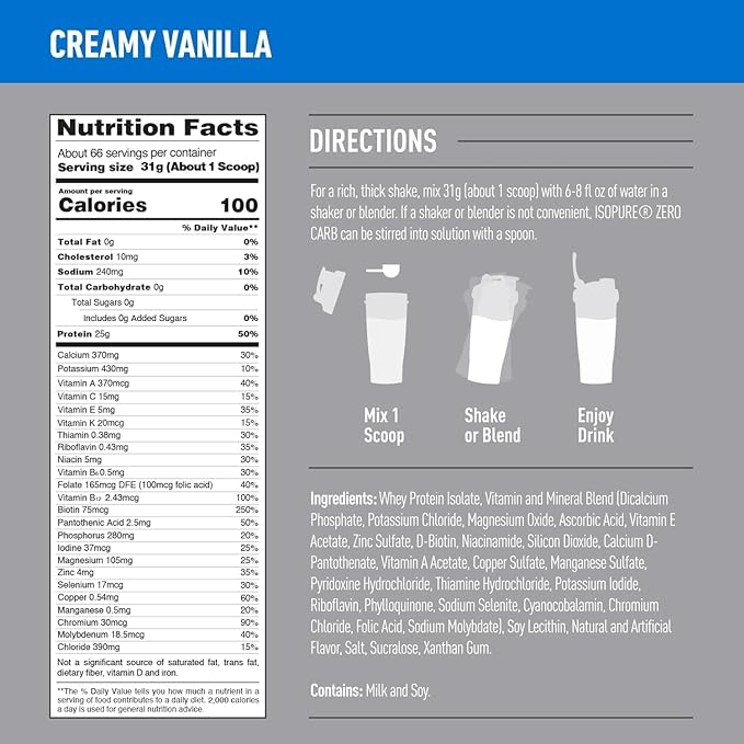 Isopure Zero Carb 100% Pure Whey Isolate Protein Powder, Lactose Free, Gluten Free, With Vitamins, Creamy Vanilla, 25g Protein Per Serving, 4.5 Lbs, 66 Servings