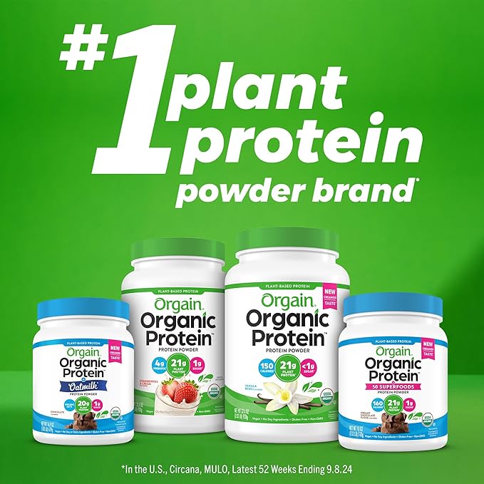 Orgain Organic Vegan Protein + 50 Superfoods Powder, Creamy Chocolate Fudge - 21g Plant Based Protein, 10g Prebiotic Fiber, No Lactose Ingredients, Gluten Free, No Added Sugar, Non-GMO, 1.12 lb