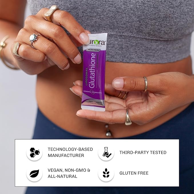 Aurora Nutrascience Micro-Liposomal Liquid Glutathione, Immune System Support, Antioxidant, 500 mg per Serving (10mL), 30 Single-Serve Packets, Gluten Free, Non-GMO, Sugar-Free, 10 fl oz (300mL)