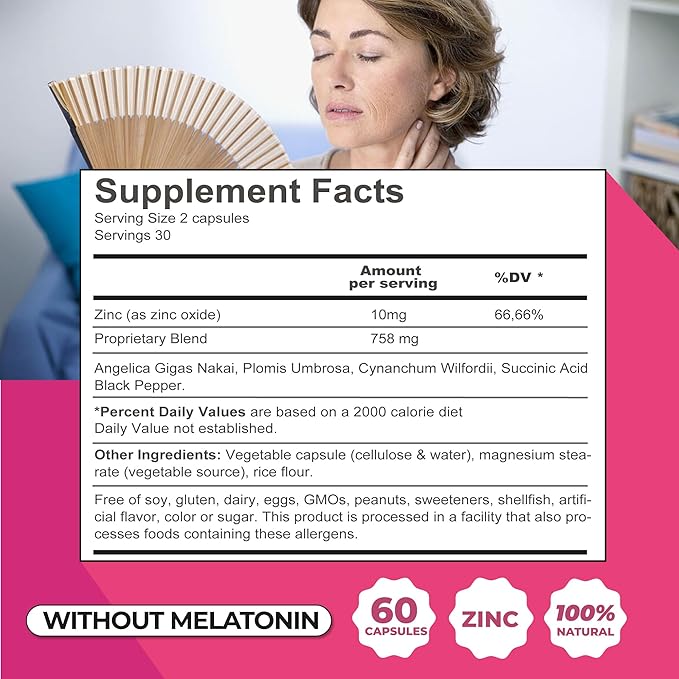 ZENZSUAL Bye Bye Menopause Without Melatonin 100% Vegan, (60 Capsules)