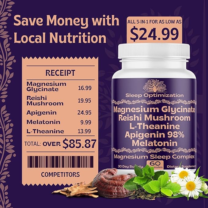 Natural Sleep Aid with Magnesium Glycinate 500mg Reishi 350mg L-Theanine 300mg Apigenin 50mg Melatonin 3mg - 60 Capsules