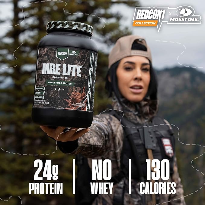 REDCON1 x Mossy Oak MRE Lite Whole Food Protein Powder, Chocolate Moose - Low Carb & Whey Free Meal Replacement with Animal Protein Blends - Easy to Digest Supplement Made with MCT Oils (30 Servings)