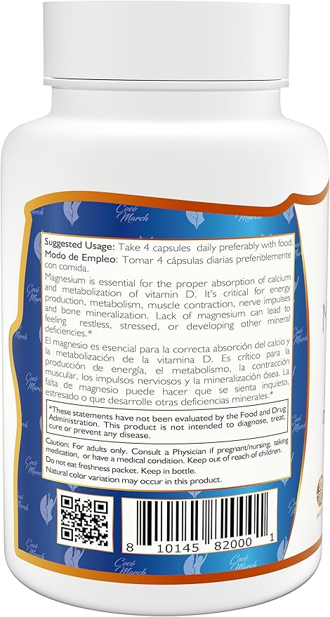 Coco March Magnesium Citrate - Relaxation- Sleep - Nervous & Digestive System Support, Gluten Free, Soy Free, Dairy Free, Keto Friendly, Vegan, 800 mg per Serving, 120 Capsules
