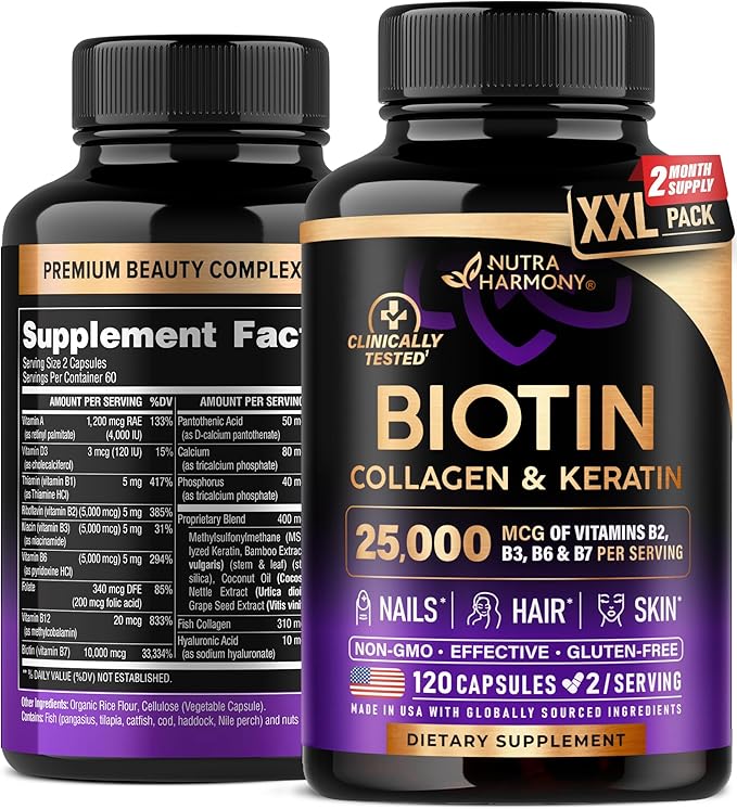 Biotin | Collagen | Keratin - 25,000 mcg B2, B3, B3, B6 B6 & B7 - 120 Capsules, 2 Capsules