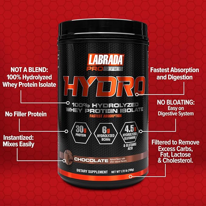 Labrada HYDRO 100% Pure Hydrolyzed Whey 6g BCAA’s, 4.5g Glutamine, 20 Servings(Chocolate)