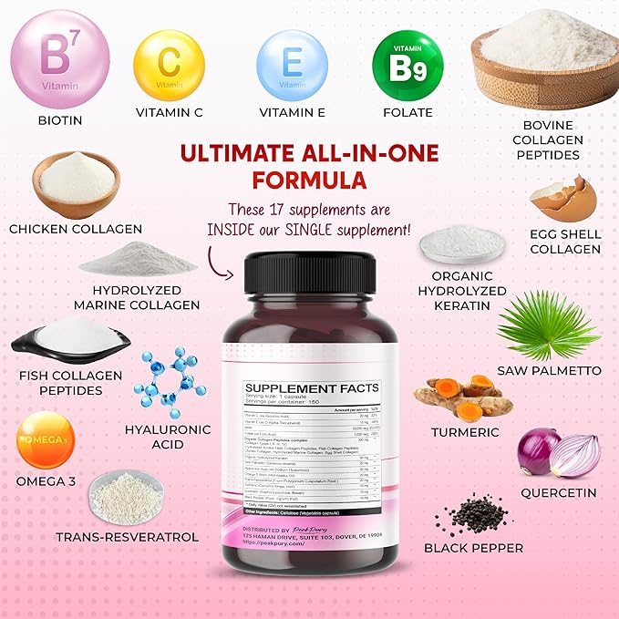 Collagen Biotin Resveratrol Saw Palmetto - Skin, Joint Health Support - Made in USA