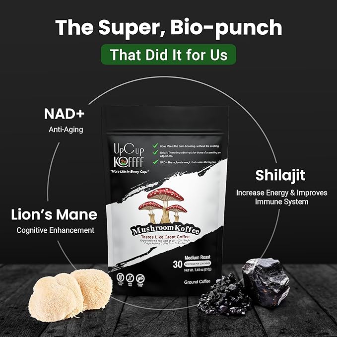 UpCup Koffee Functional Ground Mushroom Coffee - Includes Lions Mane, NAD+, & Himalayan Shilajit for Immune Support & Cognitive Boost - Made with Colombian Beans, Shilajit, & Lion's Mane Mushroom