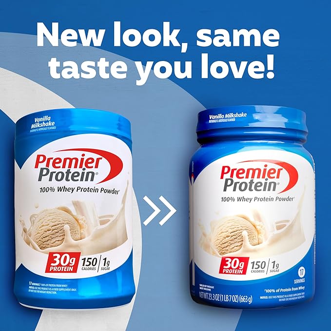 Premier Protein Powder, Vanilla Milkshake, 30g 1g Sugar, 100% Whey 17 Servings, 23.3 Ounces