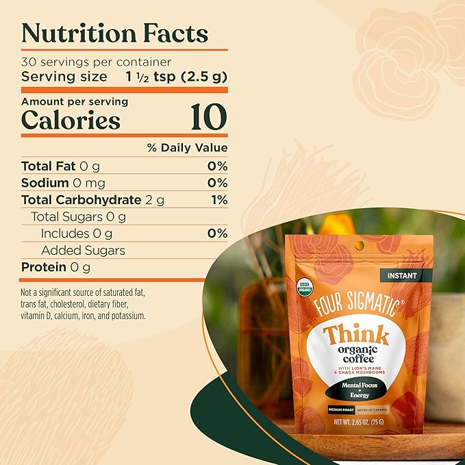 Four Sigmatic Organic Mushroom Coffee | Instant Mushroom Coffee Mix with Lion's Mane, Chaga and Rhodiola for Better Focus and Immune Support | 30 Serving Bag