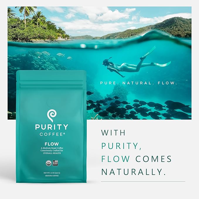 Purity Coffee FLOW Original Medium Roast Ground Coffee for Focus and Clean Energy - USDA Organic and Third-Party Tested for Antioxidants, Mold, Mycotoxins and Pesticides - 12oz