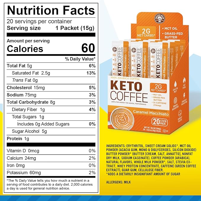 The Frozen Bean - Caramel Macchiato Keto Instant Coffee Mix with Low Sugar, MCT Oils, Improves Focus and Energy, and Increase Metabolism - 20 Single Serve Sticks
