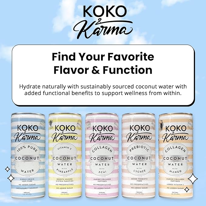 Koko & Karma – Pure Coconut Water with Marine Collagen Peptides & Mango Refreshing Taste with No Added Sugar or Preservatives – 12 Pack – 16.9 Ounce Cans