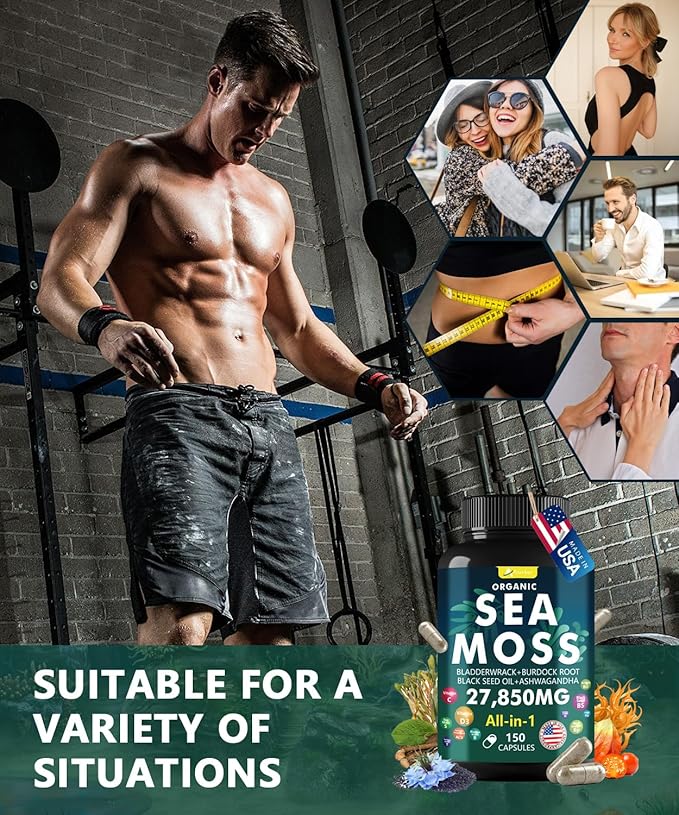 Sea Moss Capsules Complex with Black Seed Oil,Aşhwagandha,Burdock Root,Bladderwrack Ginger Vitamins Multimineral Supplement - Irish Wild Seamoss Pills Advanced Blend for Men&Women (150 Capsules)
