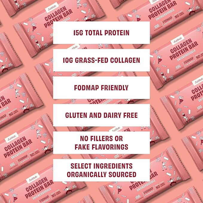 JustNosh Collagen Protein Bars, 10g Collagen, 15g Protein, Gluten Free, Dairy Free, FODMAP Friendly, Seed Oil Free Certified, Clean Ingredients | Snickerdoodle (12 Pack)