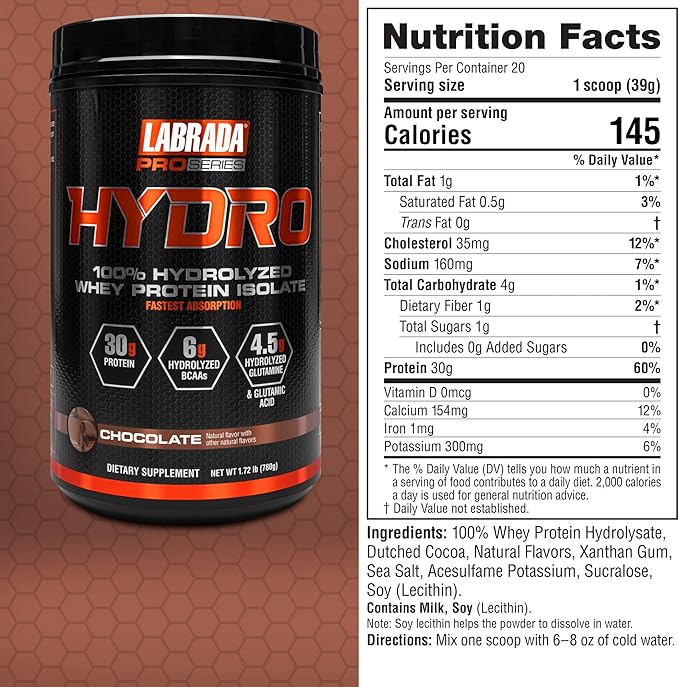 Labrada HYDRO 100% Pure Hydrolyzed Whey 6g BCAA’s, 4.5g Glutamine, 20 Servings(Chocolate)