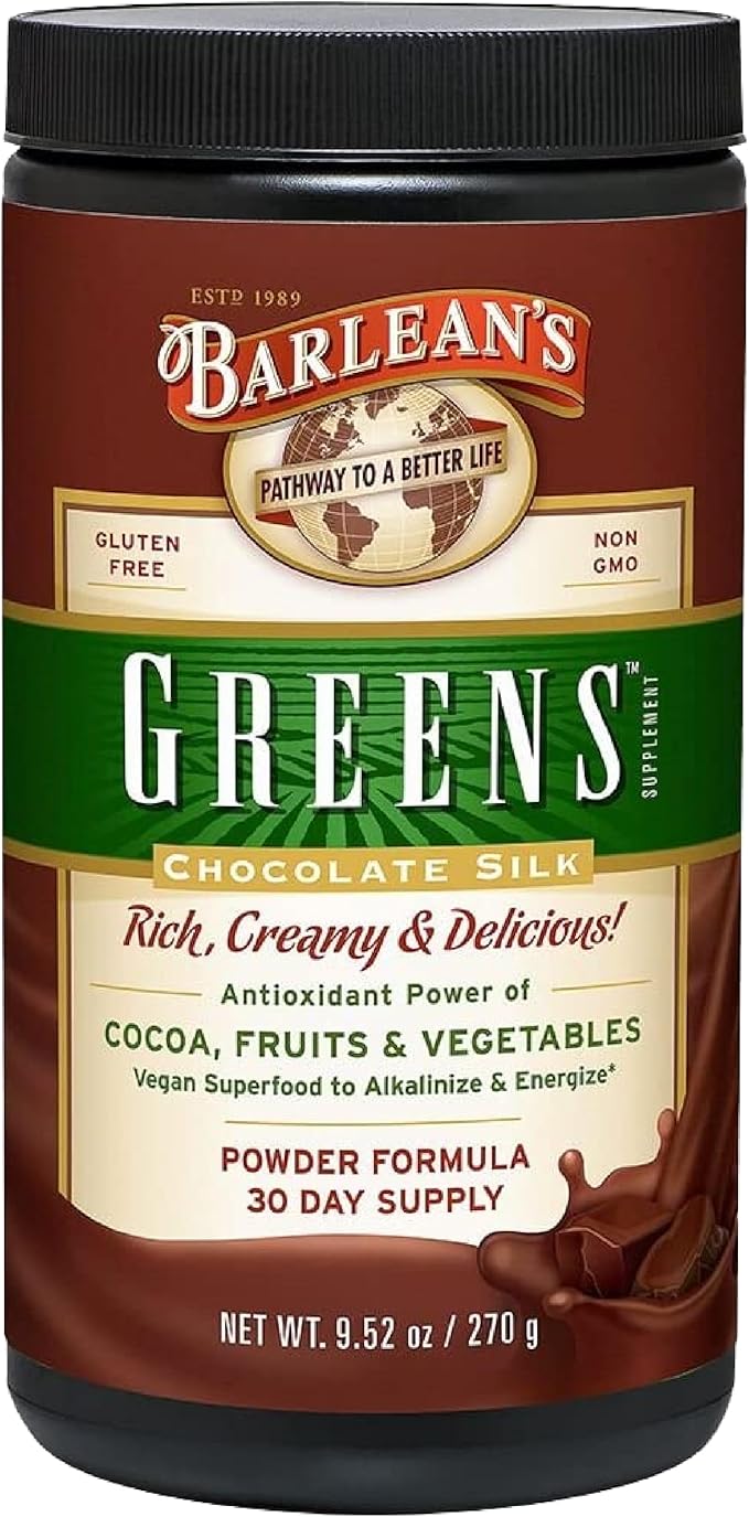 Barlean's Chocolate Greens Powder, Daily Fruits and Veggies Superfood Supplement, Green Antioxidant Blend and Fiber Super Power Smoothie Mix, 9.52 oz