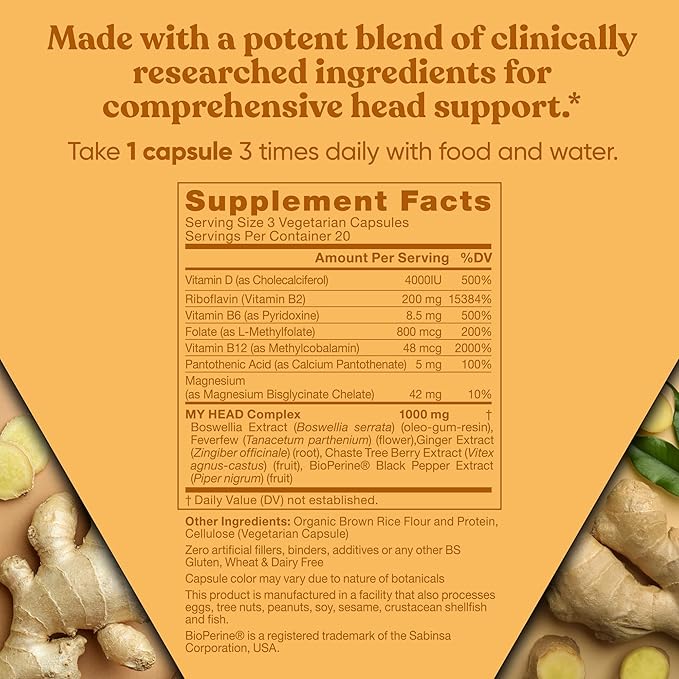My Head! Headache Vitamins – Sensitivity, Tension, Comfort, Healthy Head Function for A Clear Mind – Fast acting Magnesium, Feverfew, Boswellia, Vitamin D, Ginger, & More – 60 Soft Capsules