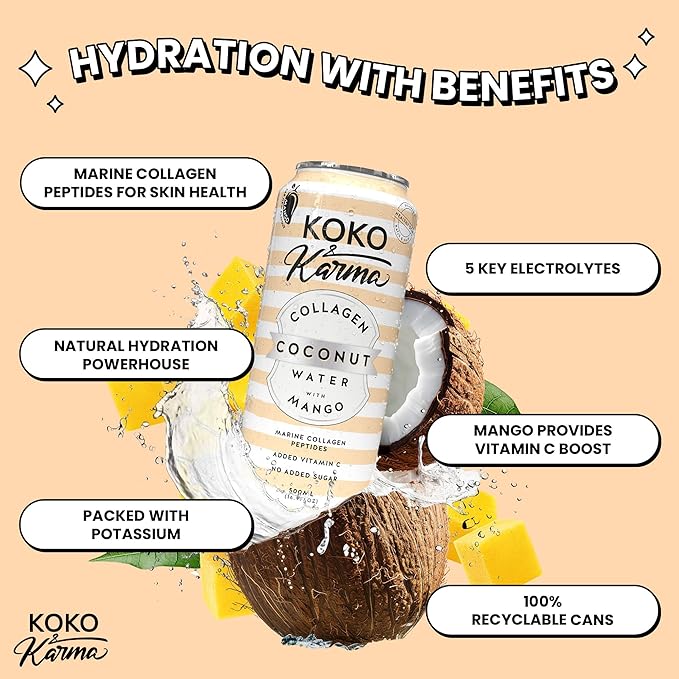 Koko & Karma – Pure Coconut Water with Marine Collagen Peptides & Mango Refreshing Taste with No Added Sugar or Preservatives – 12 Pack – 16.9 Ounce Cans