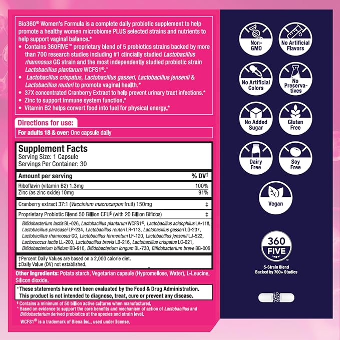 Women's Probiotic Supplement, Digestive, Immune, Vaginal 15 Diverse 50 Billion 37X Cranberry D3, 30CT 30CT (2 (2 Pack)