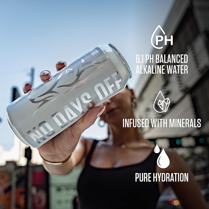 NO DAYS OFF Premium Water (Still), 12 Pack - 16 fl oz/can, 5.68L Total, Reverse Osmosis Canned Alkaline Water with Essential Minerals, pH Balanced Electrolyte Water