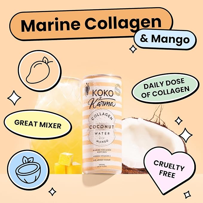 Koko & Karma – Pure Coconut Water with Marine Collagen Peptides & Mango Refreshing Taste with No Added Sugar or Preservatives – 12 Pack – 16.9 Ounce Cans