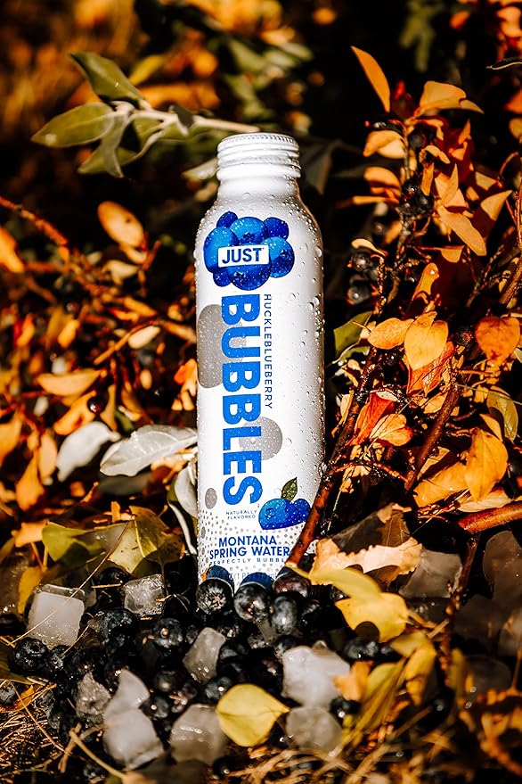 JUST Bubbles Huckleblueberry - Pure Premium Sparkling Spring Water in a Fully Recyclable Reusable Eco-Friendly Bottle - 100% Mountain-Sourced Carbonated Water with Naturally Occurring Minerals, 16 Fl Oz (Pack of 12)
