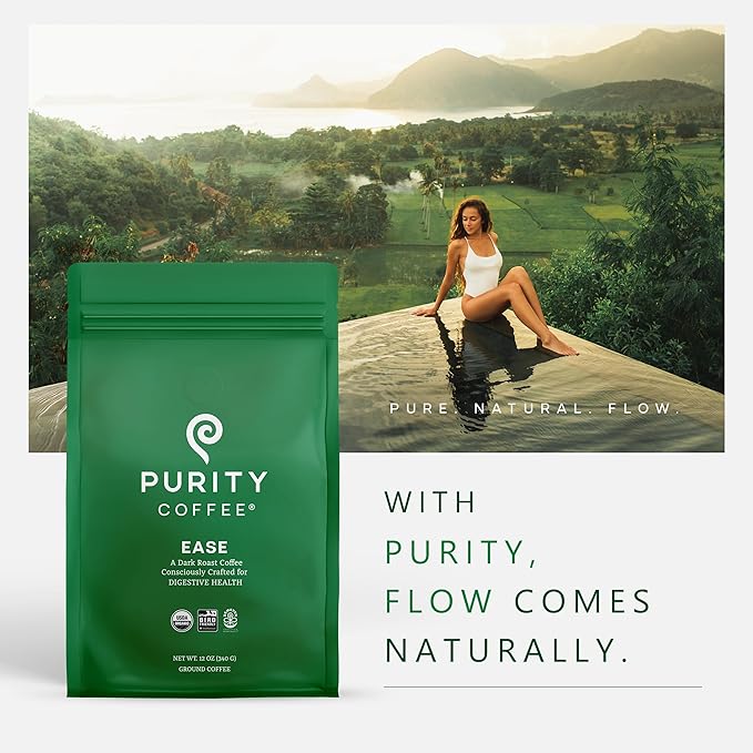 Purity Coffee EASE Dark Roast Ground Coffee for Low Acidity - USDA Organic and Third-Party Tested for Antioxidants, Mold, Mycotoxins and Pesticides - 12oz