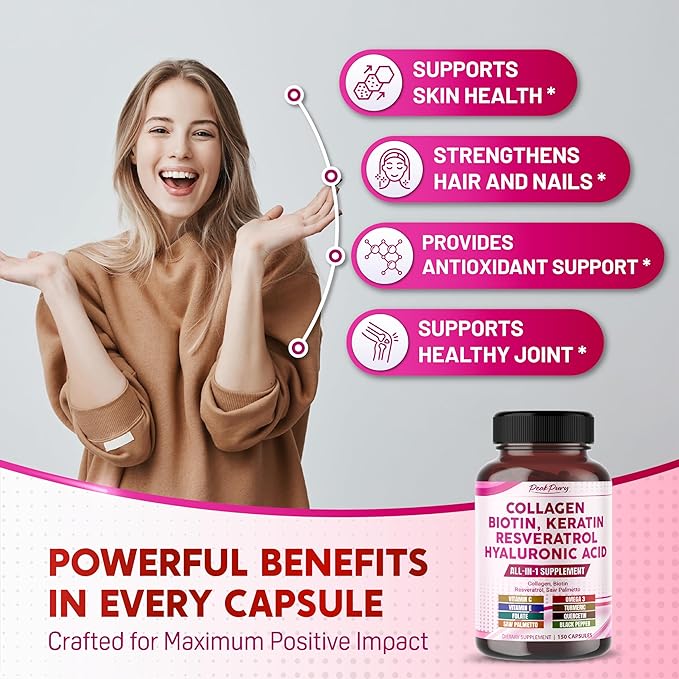 Collagen Biotin Resveratrol Saw Palmetto - Skin, Joint Health Support - Made in USA