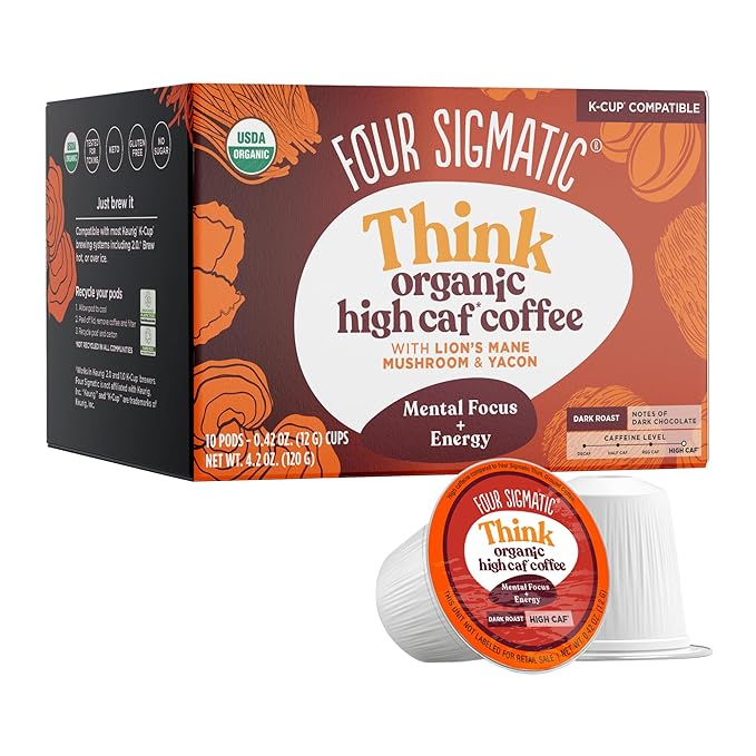 Four Sigmatic High Caffeine Mushroom Coffee K-Cups | Organic Dark Roast Coffee with Lion’s Mane & Yacon | Focus & Immune Support | Vegan & Keto | Sustainable Pods | 10 Count