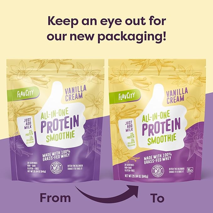 FlavCity Protein Powder Smoothie, Vanilla - 100% Grass-Fed Whey Protein Smoothie with Collagen (25g of Protein) - Gluten Free & No Added Sugars (29.84 oz)