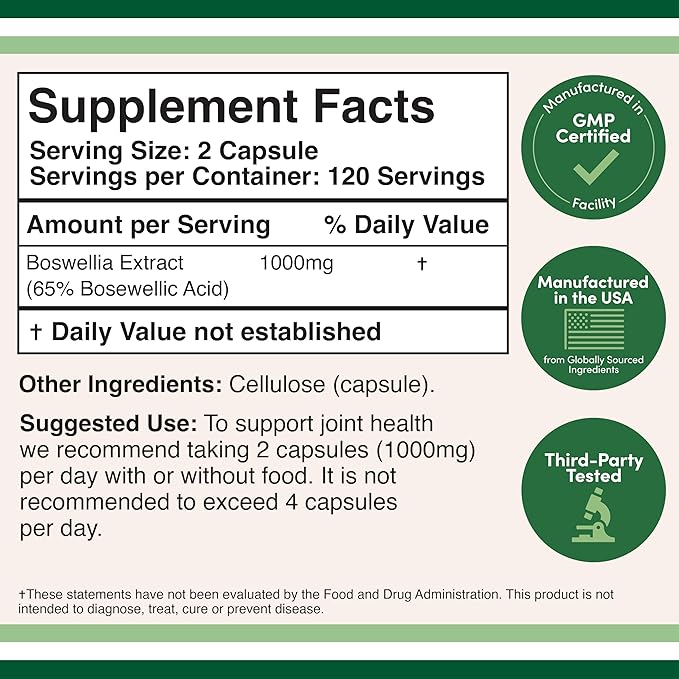 Boswellia Serrata - 240 Capsules (Max Strength 1,000mg of 65% Boswellic Acid Extract) Boswellia Extract Capsules (Joint Support Supplement for Joint Health) Third Party Tested by Double Wood