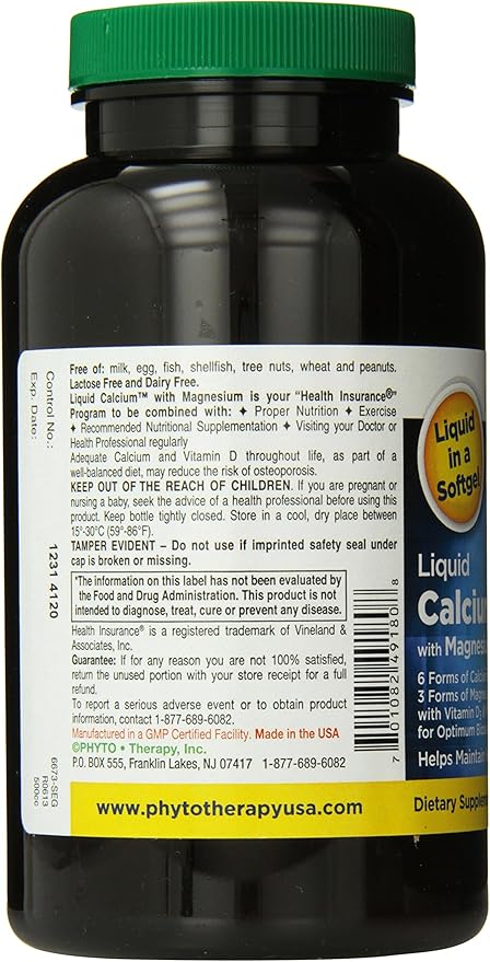 Phyto-Therapy Liquid Calcium with Magnesium Softgels, 1000 mg, 180 Count
