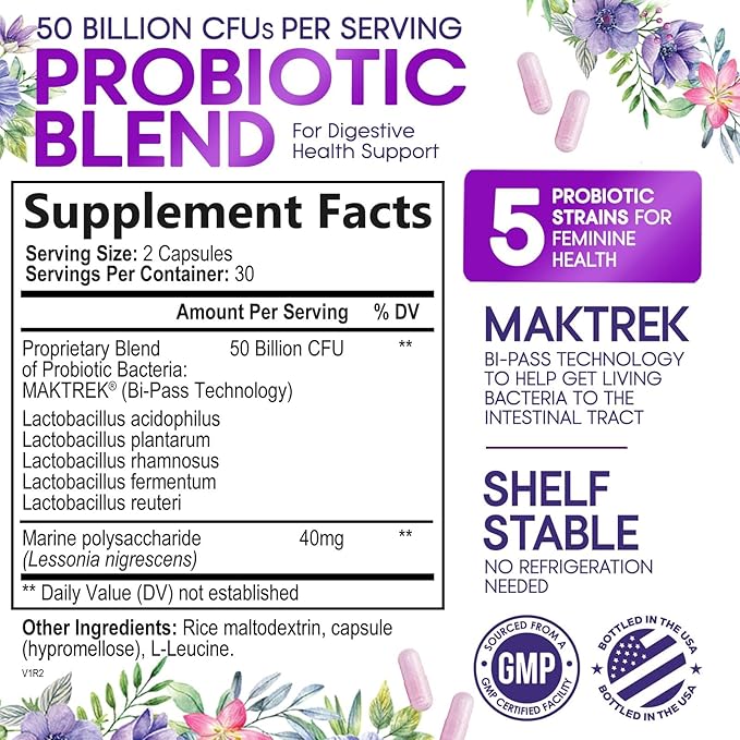 Probiotics for Women's Digestive Health, 50 Billion CFU for Vaginal pH, Gut Health & Immune Support, Daily Probiotic Supplement for Feminine Health, 5 Strains, Gluten Free - 60 Capsules
