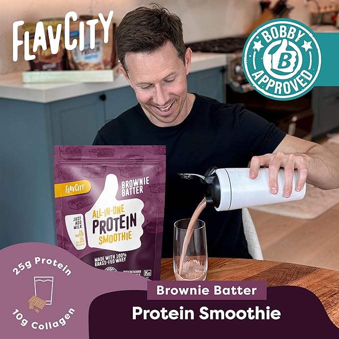 FlavCity All-in-One Protein Powder Smoothie, Brownie Batter - 100% Grass-Fed Whey Protein Powder with 25g Protein & 10g Collagen - Gluten-Free Pre Workout & Post Workout Drink - 20 Servings