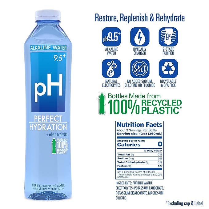 Perfect Hydration 9.5+ pH Alkaline Drinking Water | 100% Recycled Bottles | Electrolyte Minerals for Taste | 12 pack - 1 Liter (33.8 oz)