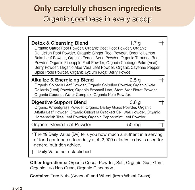 Detox Organics Chocolate Superfood Powder – Cleanse and Detox Smoothie Mix Supplement with Organic Greens Blend, Digestive Enzymes, Immune Support, Bloating Relief, Vegan, Low-Carb (30 Servings)