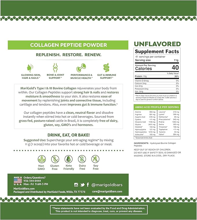 MariGold Grass-fed Collagen Peptides Powder Unflavored 1LB 100% Pure,