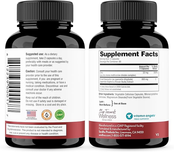 Sandhu's Zinc Quercetin 120 Vegetarian Capsules (Pack of 3) – Zinc Supplements for Antioxidant Immune Support Zinc for Men and Women