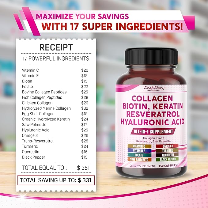 Collagen Biotin Resveratrol Saw Palmetto - Skin, Joint Health Support - Made in USA