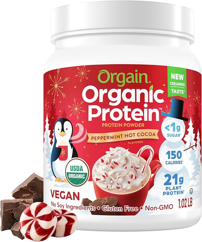 Orgain Organic Vegan Protein Powder, Peppermint Hot Cocoa Seasonal Holiday Flavor - 21g of Plant Based Protein, Non Dairy, Gluten Free, 2g of Fiber, No Sugar Added, Soy Free, Non-GMO, 1.02 Lb