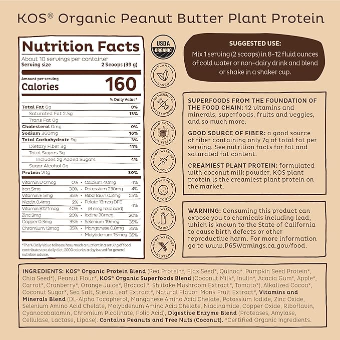 KOS Vegan Protein Powder, Chocolate Peanut Butter - Low Carb Pea Protein Blend, USDA Organic Superfood with Vitamins & Minerals - Keto, Soy, Dairy Free - Meal Replacement for Women & Men - 10 Servings