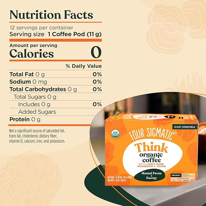 Four Sigmatic Mushroom Coffee K-Cups | Organic Dark Roast Coffee with Lion’s Mane & Yacon | Focus & Immune Support | Vegan & Keto | Sustainable Pods | 48 Count